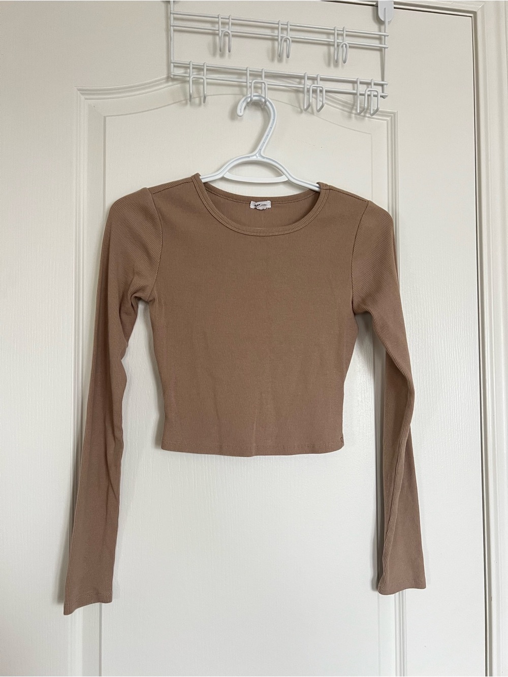 Garage Ribbed Long-Sleeve Cropped Top in Taupe